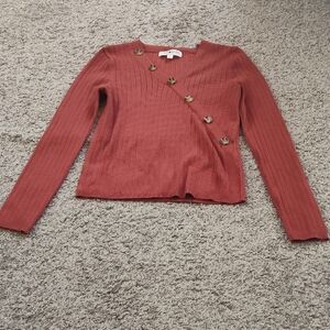 Women's Long Sleeve Ribbed Top with Button Detail - Rust